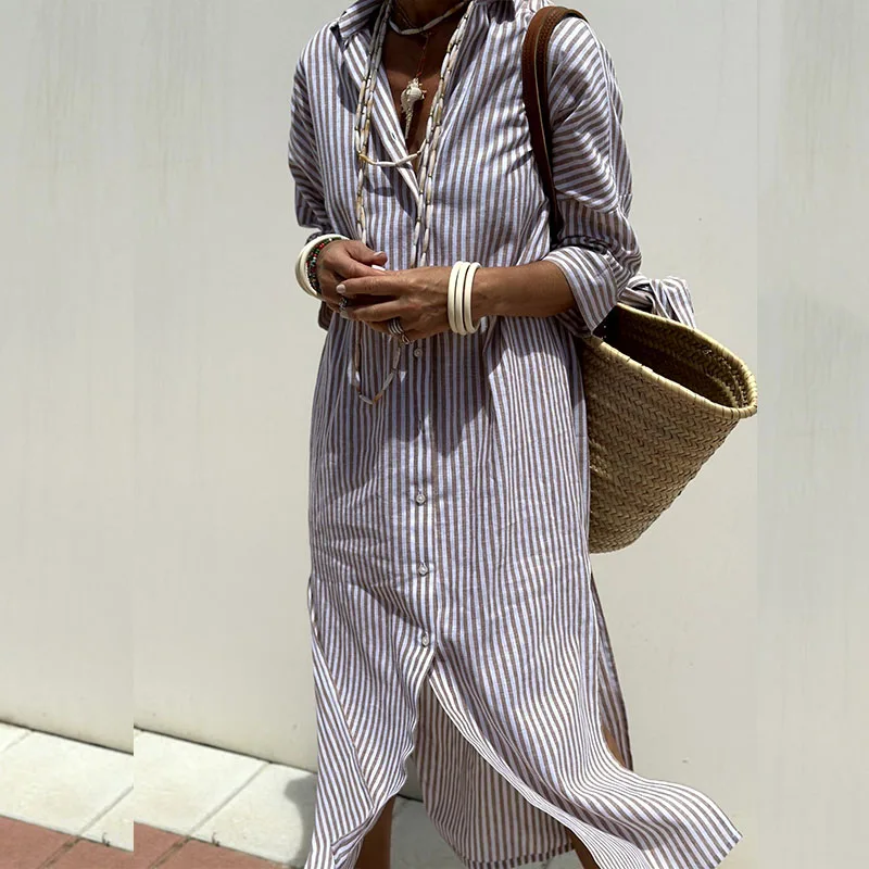 GRACE - Elegant Striped Shirt Dress